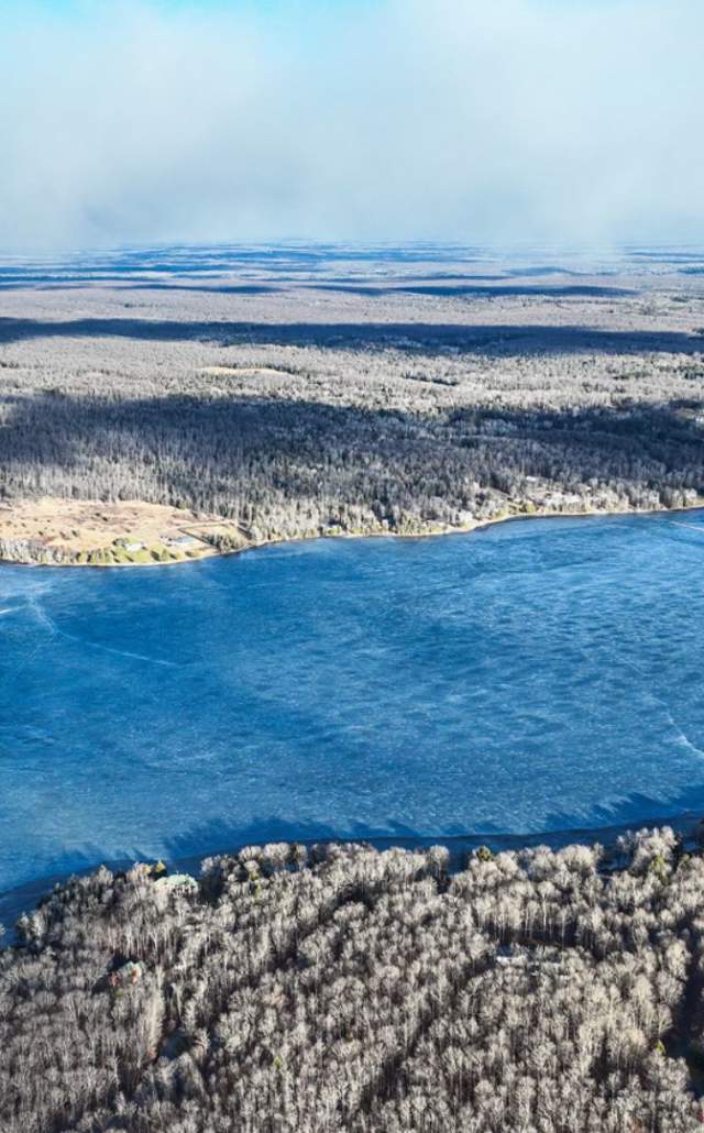 Aerial view of Iron County during winter in the Upper Peninsula of Michigan