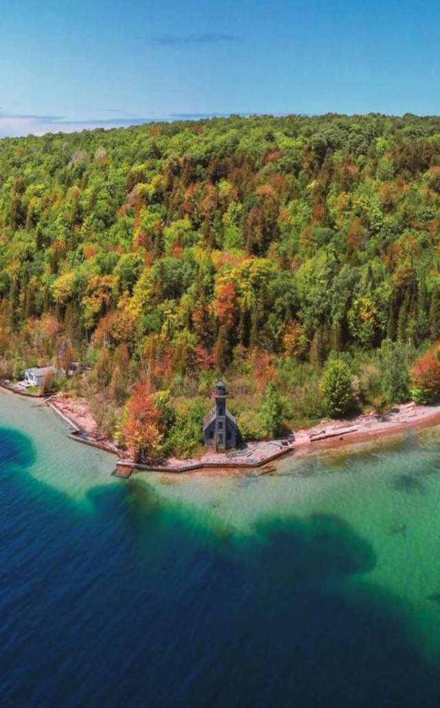 Drone view of Grand Island East Channel Lighthouse in the Upper Peninsula of Michigan
