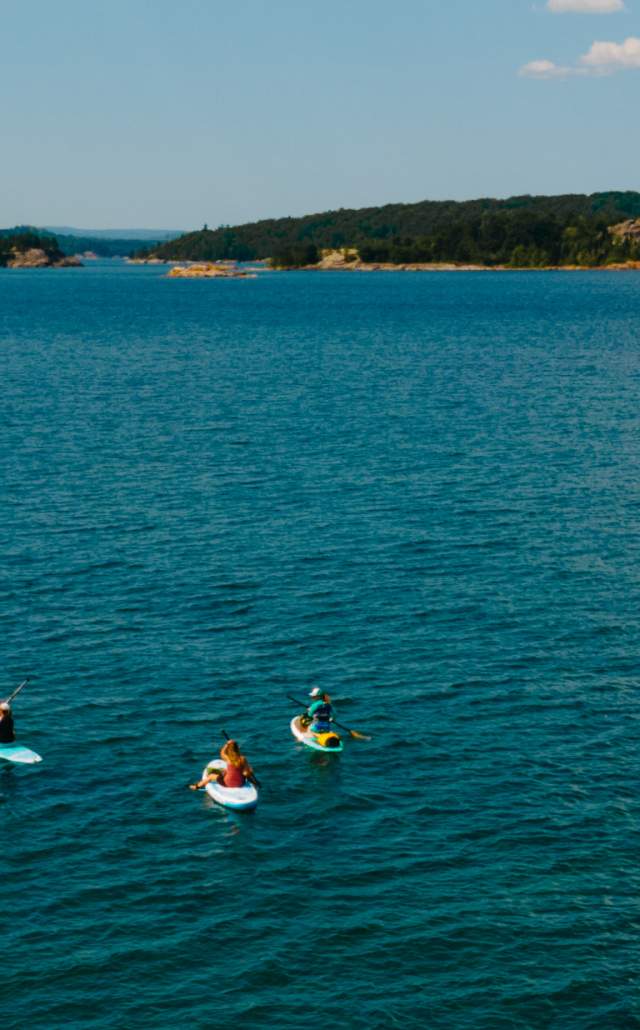 Four people kayak on a clear blue lake under a bright sky. A green island is visible in the distance, creating a peaceful, adventurous scene.