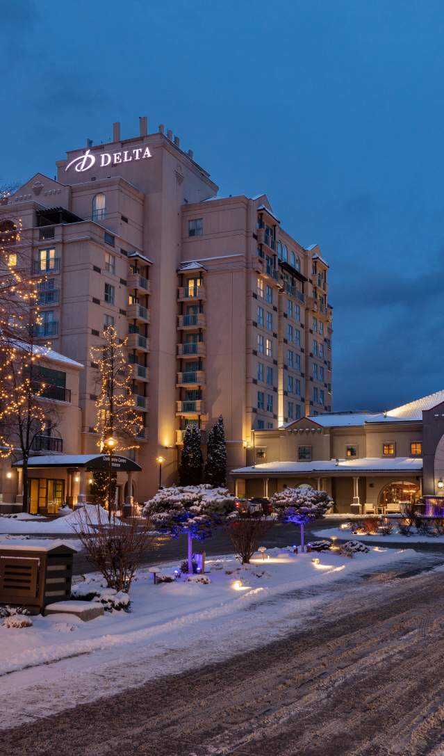 Front Entrance Delta Hotels by Marriott Grand Okanagan Resort-Snowy in Winter (3)