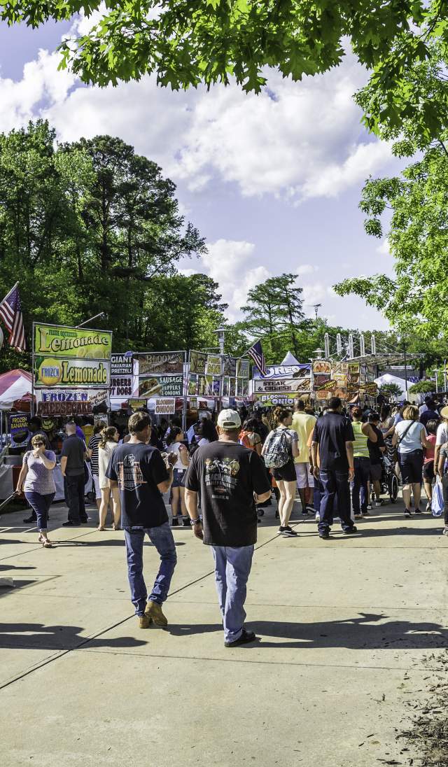Visitors walking among food vendors and festival booths at the Fayetteville Dogwood Festival on a sunny day, with crowds enjoying local food and outdoor activities under green trees.