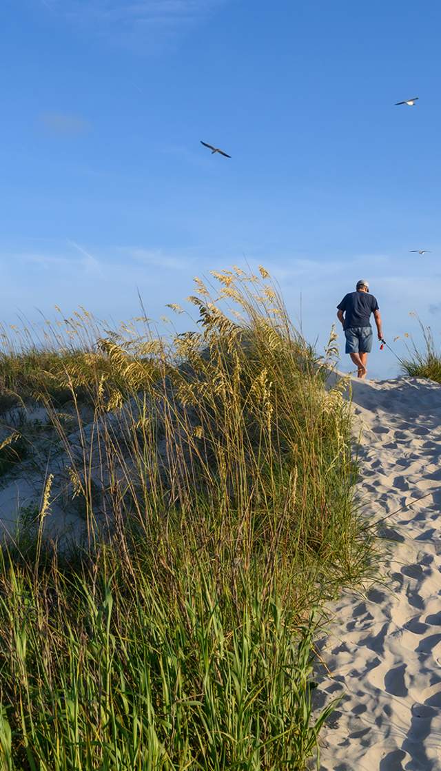 a man walking on a sandy beach path over the dunes on Oak Island, NC