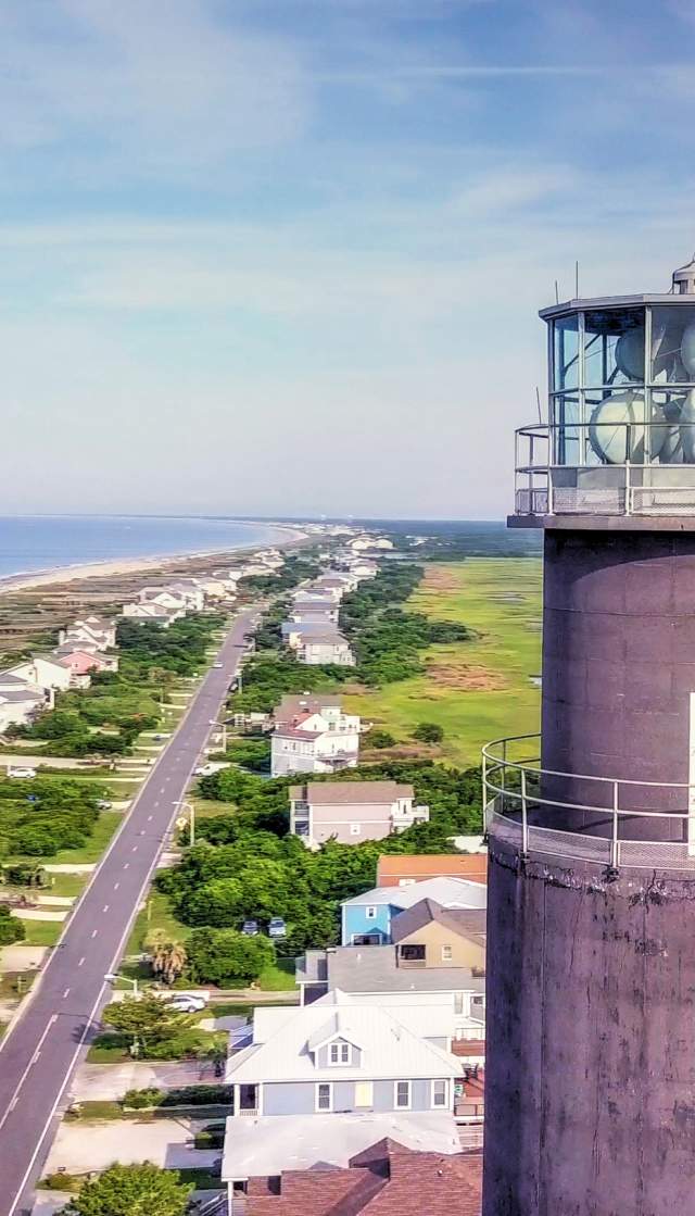 Drone shot of the Oak Island Lighthouse Last lighthouse built in North Carolina