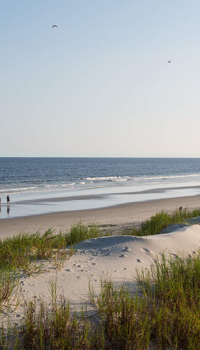 a view of sunset beach over the sand dunes