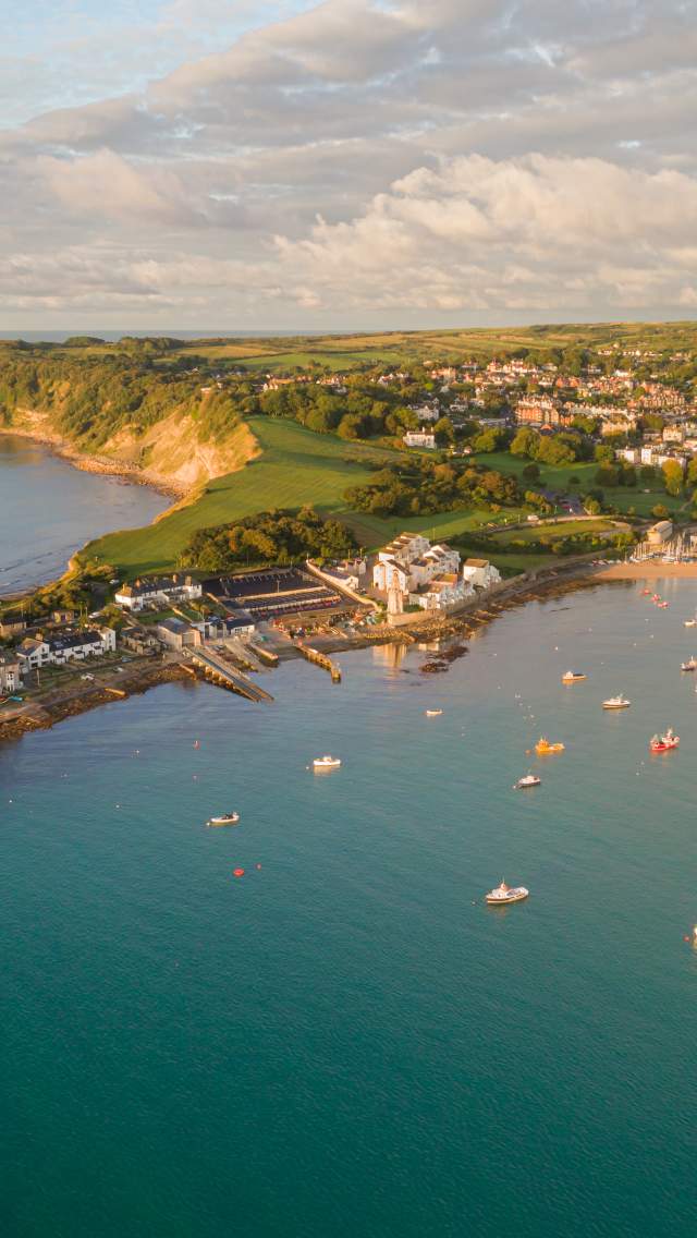 Aerial view of Swanage Bay and Peveril Point Dorset copyright Lyons Photography