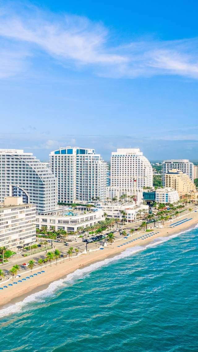 Aerial view of Fort Lauderdale beach hotels taken from over the Atlantic Ocean