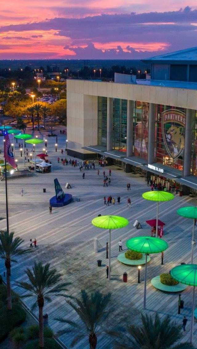 Aerial shot of FLA Live Arena at Sunset