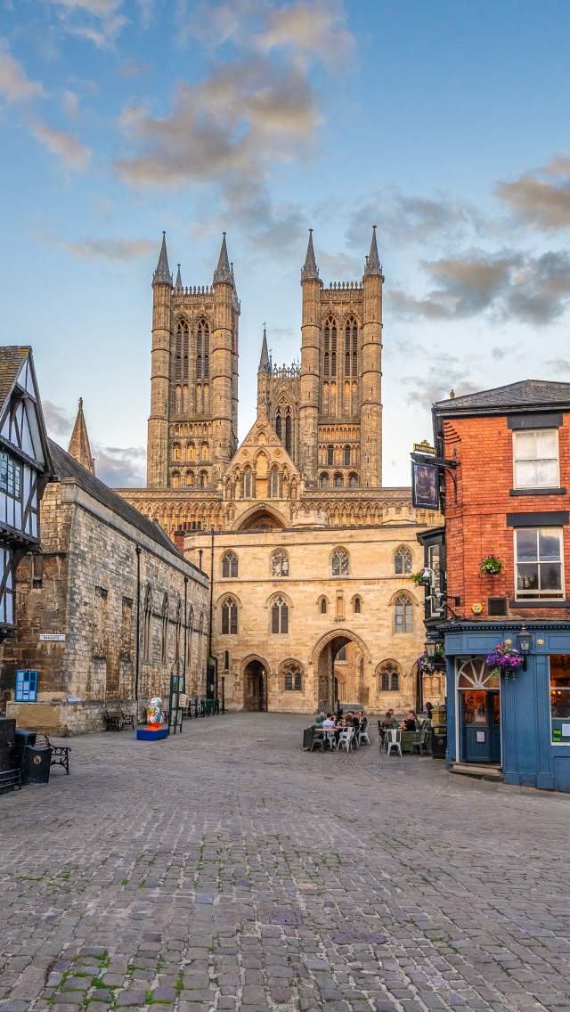 The view across Castle Square with historic buildings and Lincoln Cathedral in the background
