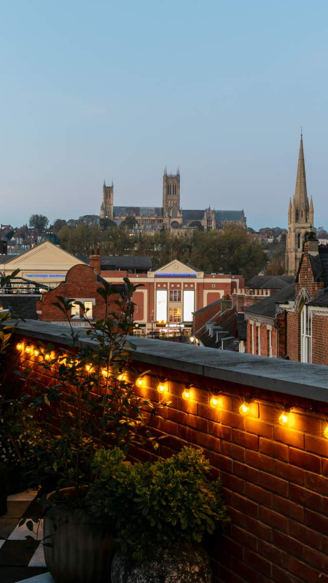 The view from the Everyman Cinema balcony, looking over the Cornhill Quarter with Lincoln Cathedral in the background