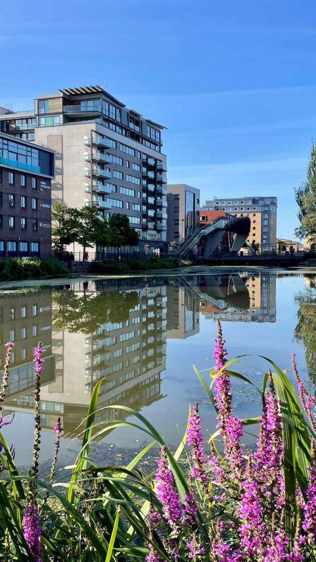 A view of the Brayford Waterfront, with a reflection of modern buildings in the water