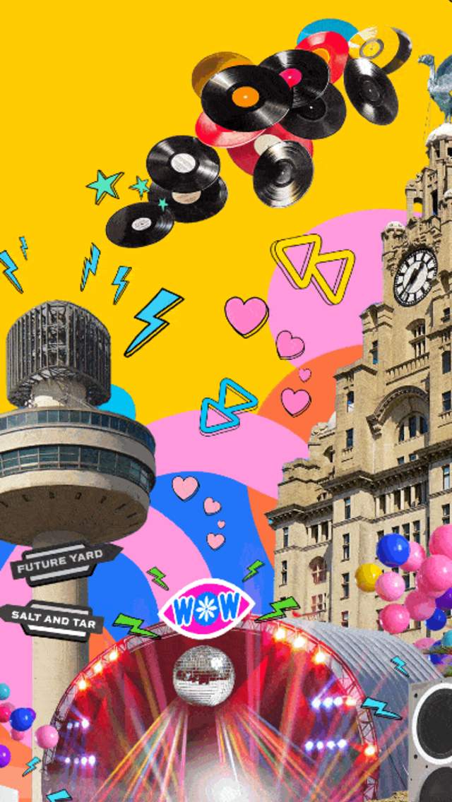 a GIF of the Royal Liver Building, stage, disco ball and Radio city tower on a summery yellow background