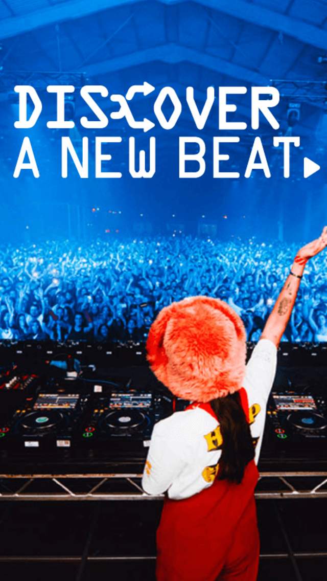 The text 'discover a new beat' in white writing on an image of a female dj in a large warehouse.