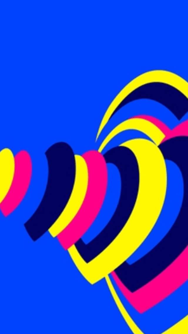 Eurovision 2023 branding. The brand yellow, pink and dark blue hearts in a heart beat style.
