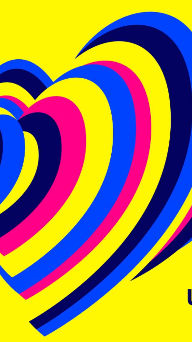 Eurovision graphic of blue, pink and and dark blue hearts on a yellow background