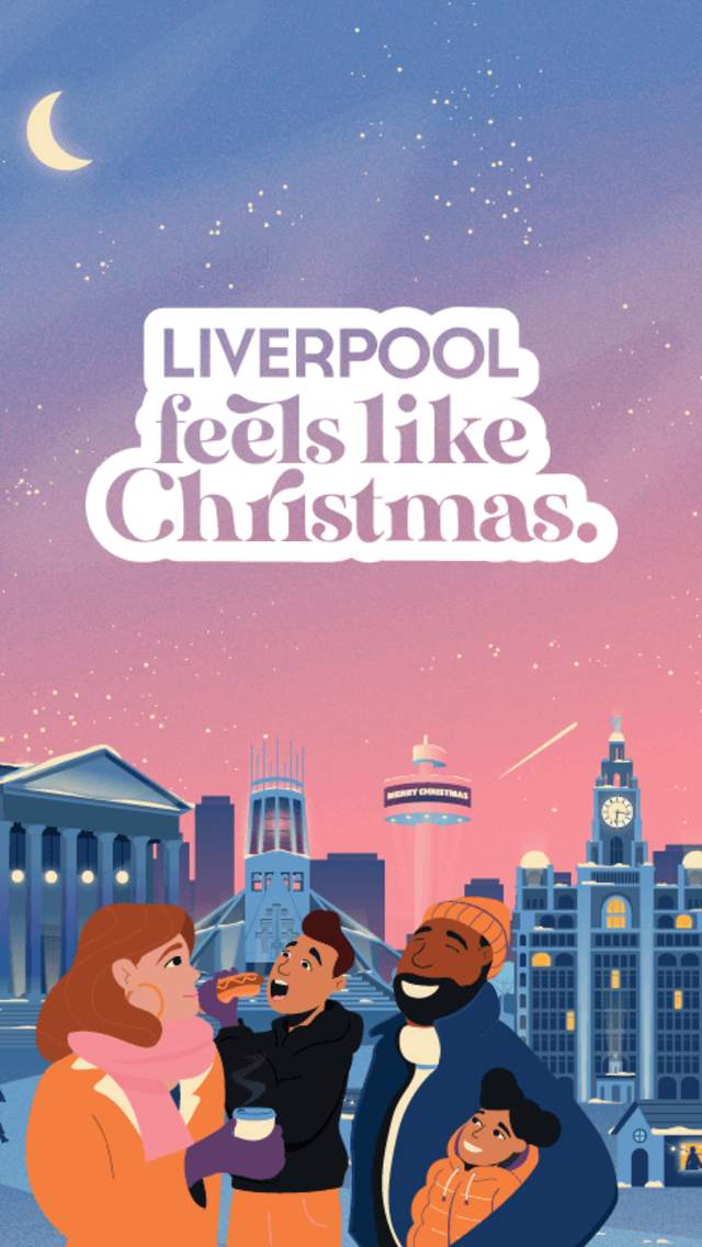 4 cartoon illustrations of people enjoying festive cheer in Liverpool with iconic landmarks behind them