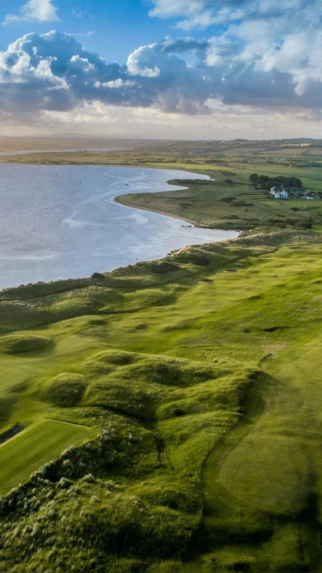 Aerial shot of the 7th hole and view of the Bann at Castlerock Golf Club with Northern Ireland Made for Golf logo