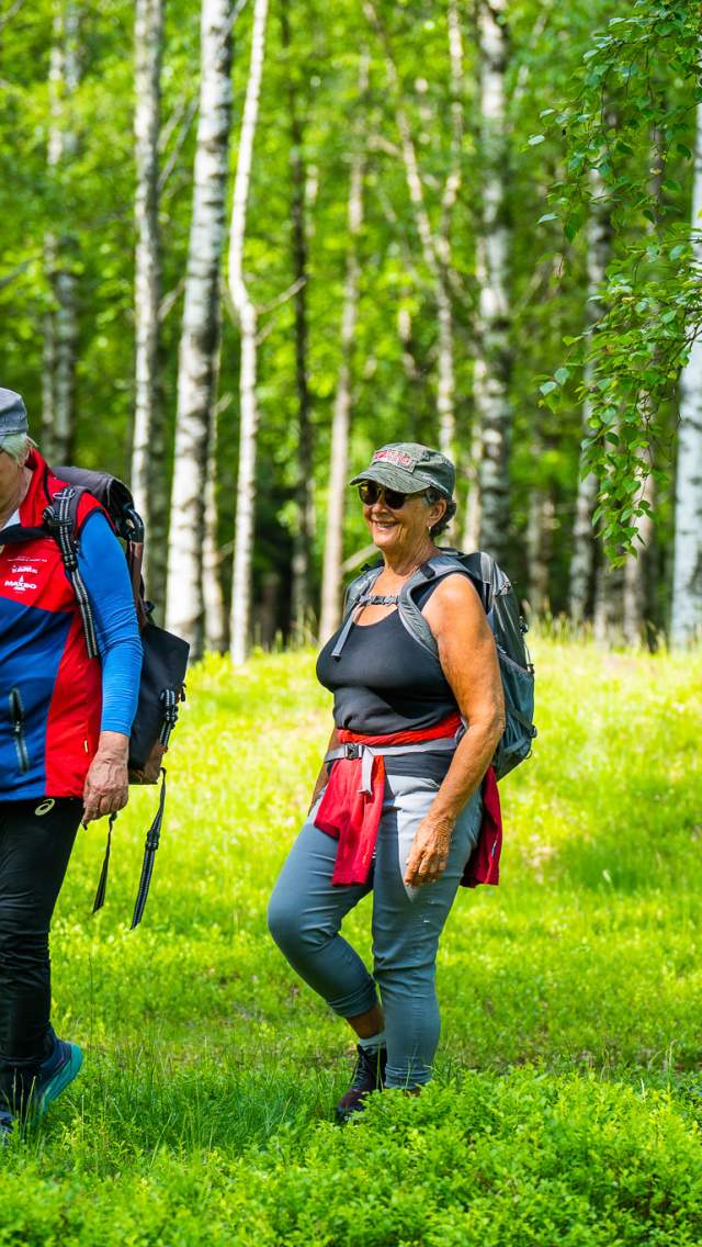 Tre personer på vandretur i skogen