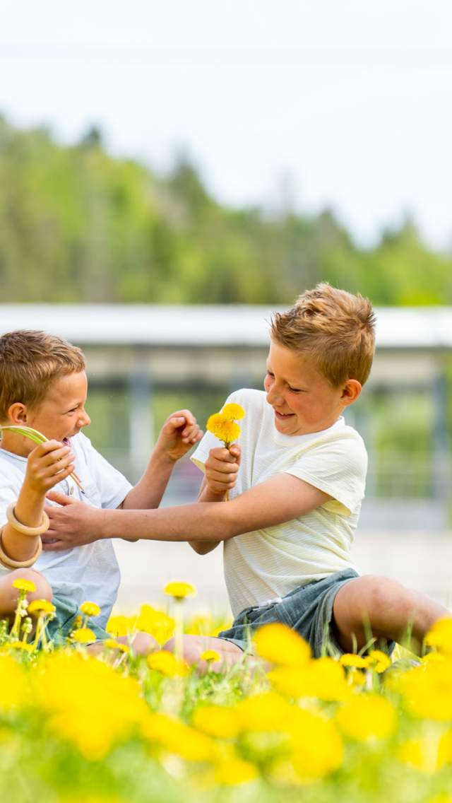 To gutter som sitter i en blomstereng