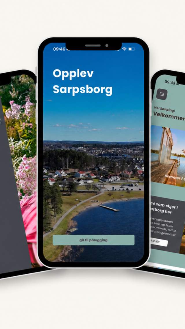 Reklamebilde av Opplev Sarpsborg. 3 telefoner som viser noe av innholdet i appen.
