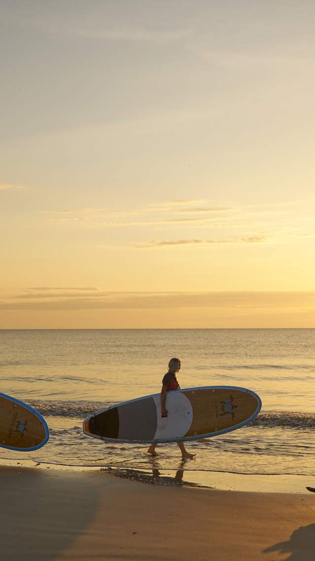 Two people are walking along the shoreline carrying stand-up paddleboards, heading beside gentle waves as the sun rises low over the ocean. The water is smooth and reflective, casting long golden highlights across the surface and wet sand. On the left side of the frame, a large piece of weathered driftwood creates a dramatic silhouette against the soft morning light, while another driftwood log rests in the foreground.
