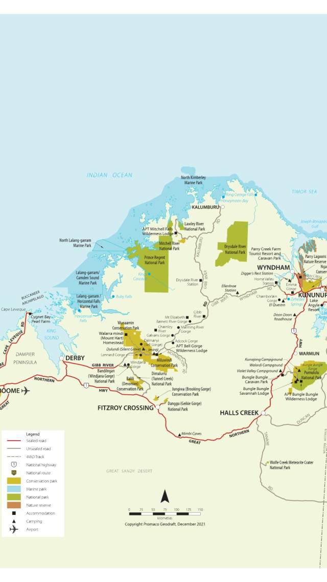 A guide book style map showing the top end of the Kimberley with large towns, national parks, major roads, waterways and the ocean clearly marked.