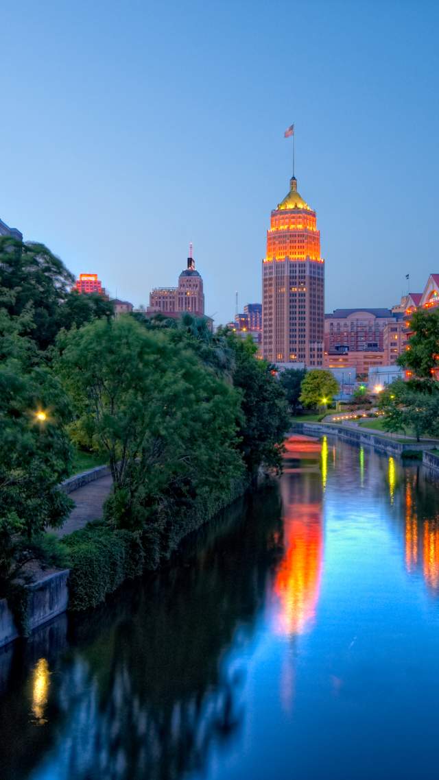 San Antonio Tower Life building lit up at night