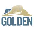 Visit Golden Logo gold and blue mountains and creek illustration with the world, Golden in blue