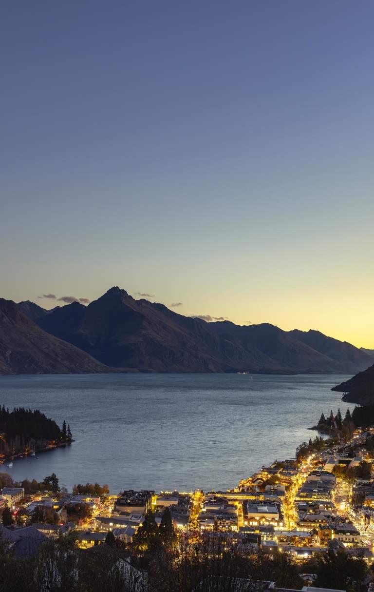 Queenstown at Dusk looking over the centre town Walter Peak