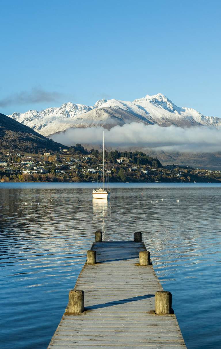 Frankton Beach with fresh snow on the mountains
