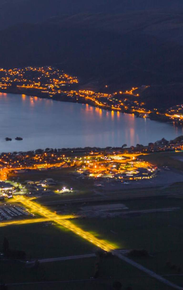 Evening aerial view of Frankton Arm and Queenstown airport