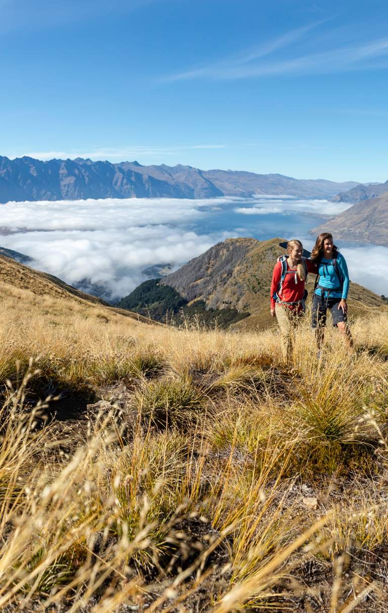 Friends hiking Ben Lomond in summer