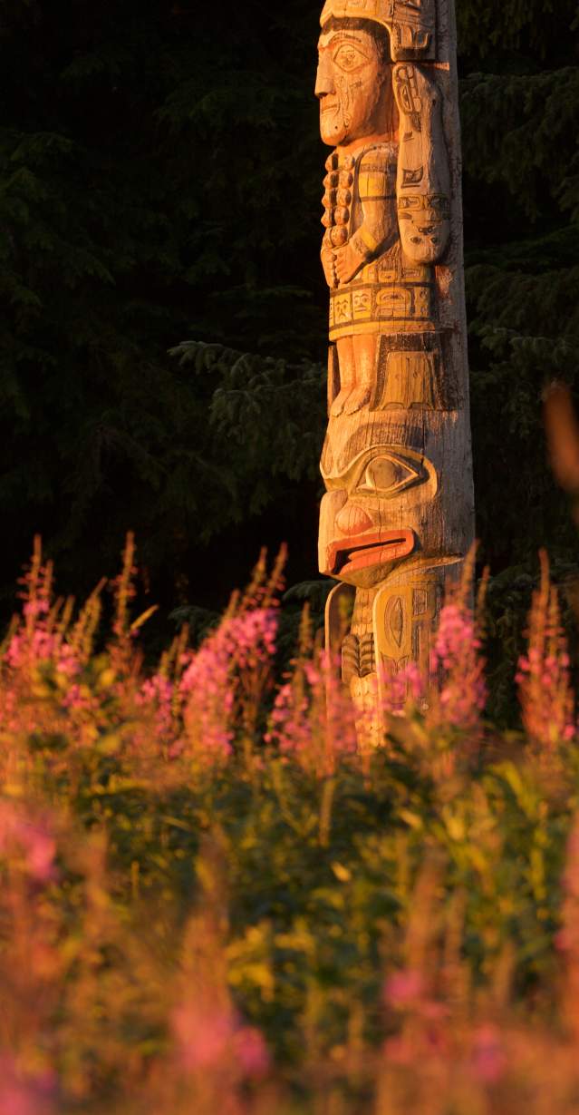 Alaska Native totem pole through fireweed (5)