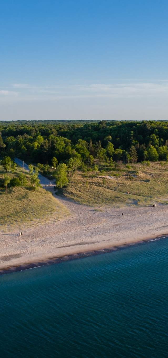 Aerial view of the shoreline. The water is a deep blue. The sand changes to beach grass and eventually trees.