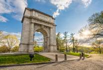 The iconic arch at Valley Forge National Historical Park in King of Prussia on a sunny day.
