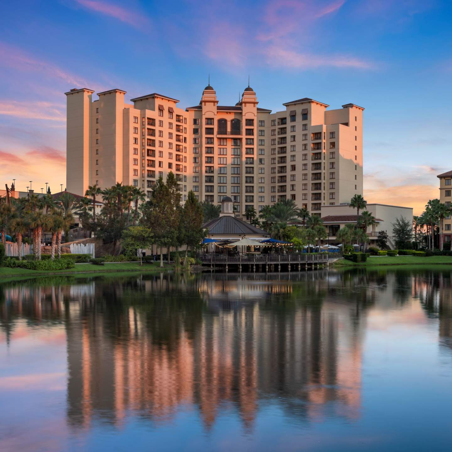 Exterior at dusk of Wyndham Grand Orlando Resort Bonnet Creek