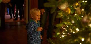 A little girl looking at a lit up Christmas Tree - credit National Trust