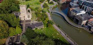 An aerial view of Castle Park and Finzels Reach in central Bristol