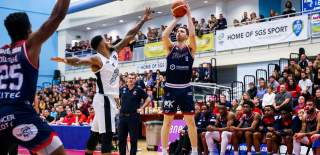 Bristol Flyers basketball players in a match against the London Lions at SGS College Bristol - credit JMP Photography