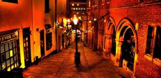 A view of Christmas Steps in central Bristol at night