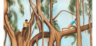 Matthew Krishanu, Banyan Tree, Two Boys, 2025, oil on canvas, 270 x 400 (Diptych) (photo Eva Herzog)