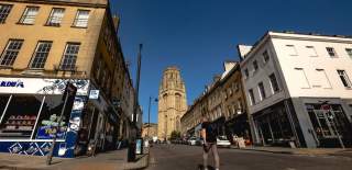 A view up Park Street towards the Wills Memorial Building in central Bristol