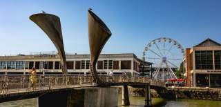 A wide shot of Pero's Bridge on Bristol's Harbourside during the day