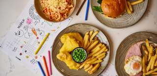 Selection of kids meals and menu with colouring in - credit The Maple