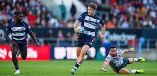 2 Bristol Bears rugby players running with the ball - Credit Bristol Sport