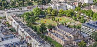 Aerial view of Cheltenham Town Hall, Imperial Square, Imperial Gardens and surrounding areas.