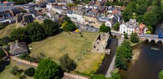 Drone shot of Christchurch Castle Street, showing an aerial view of the Norman House