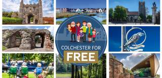 A graphic depicting a number of free attractions in Colchester along with a cartoon illustration of a happy family