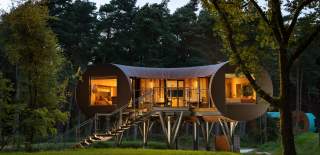 A u-shaped treehouse on stilts surrounded by trees