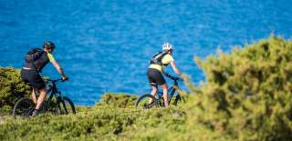 Two cyclists in helmets ride mountain bikes on a grassy trail beside a vivid blue sea, with green shrubs in the foreground, evoking an adventurous spirit.