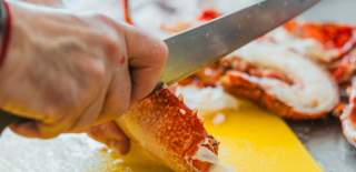A close up of someone prepping a cooked lobster